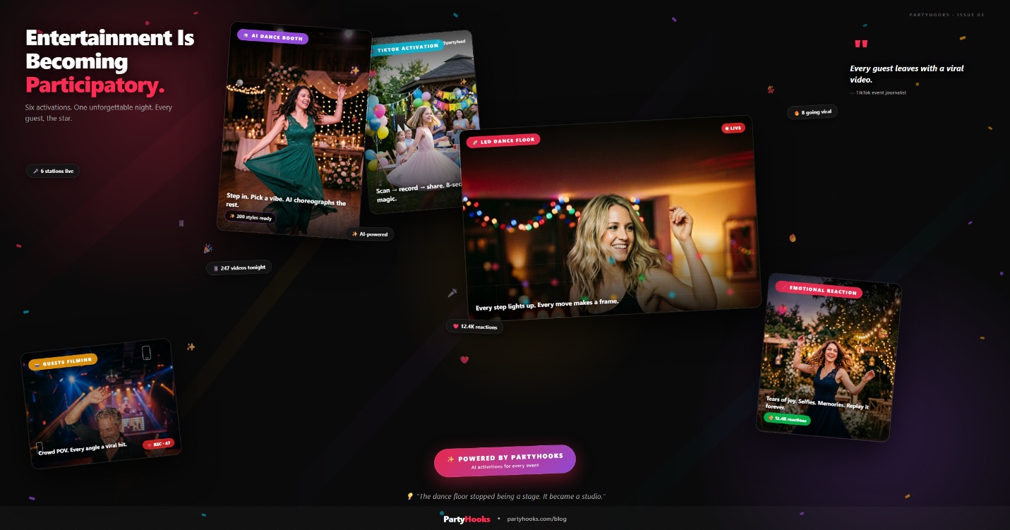 PartyHooks promotional layout showing an AI dance booth, TikTok activation station, LED dance floor, and emotional reaction experience across six simultaneous activations at a single event.