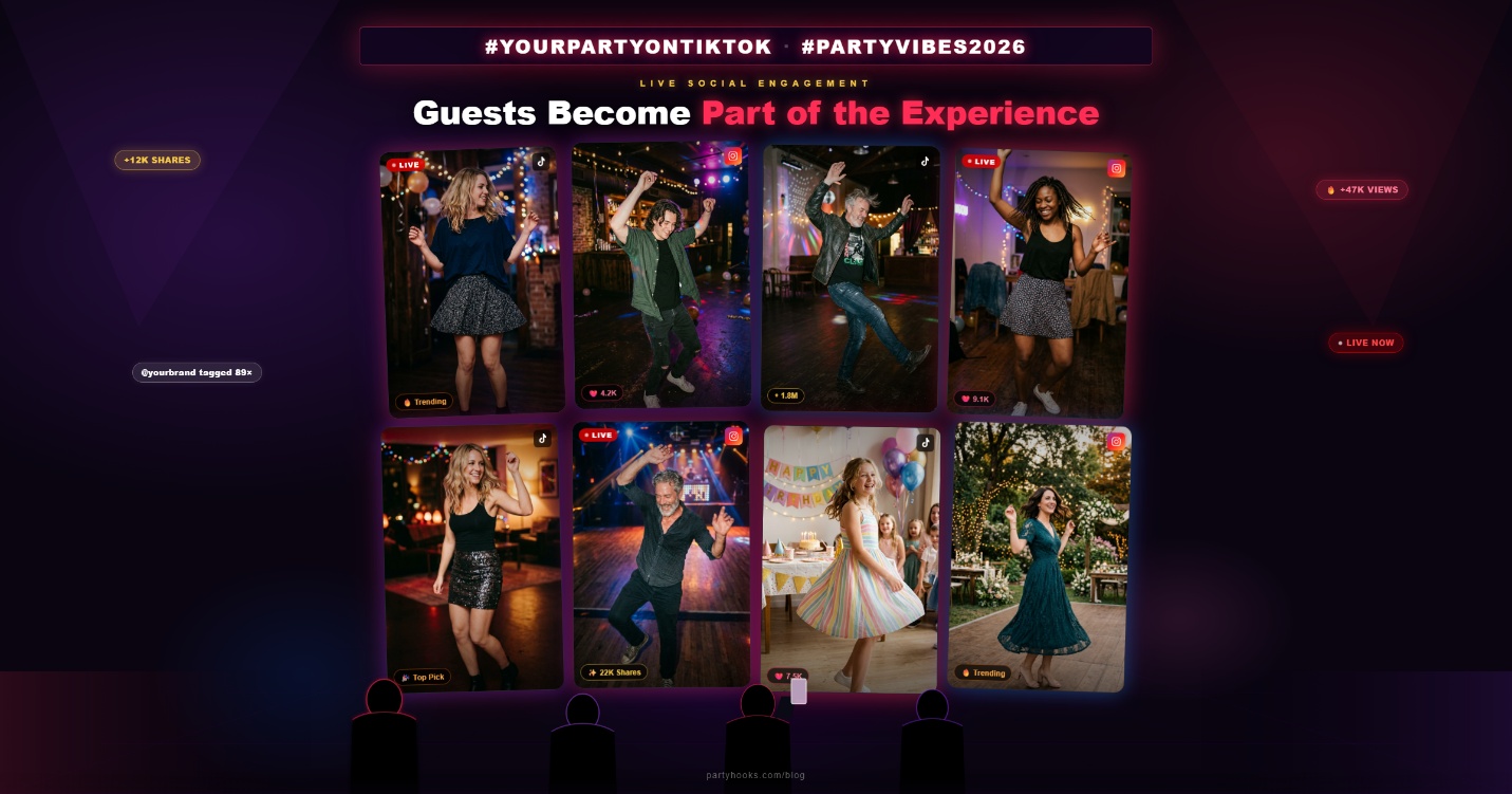 Live social engagement wall showing eight guests' TikTok dance videos under hashtags #YourPartyOnTikTok and #PartyVibes2026, with +12K shares and +47K views counters.