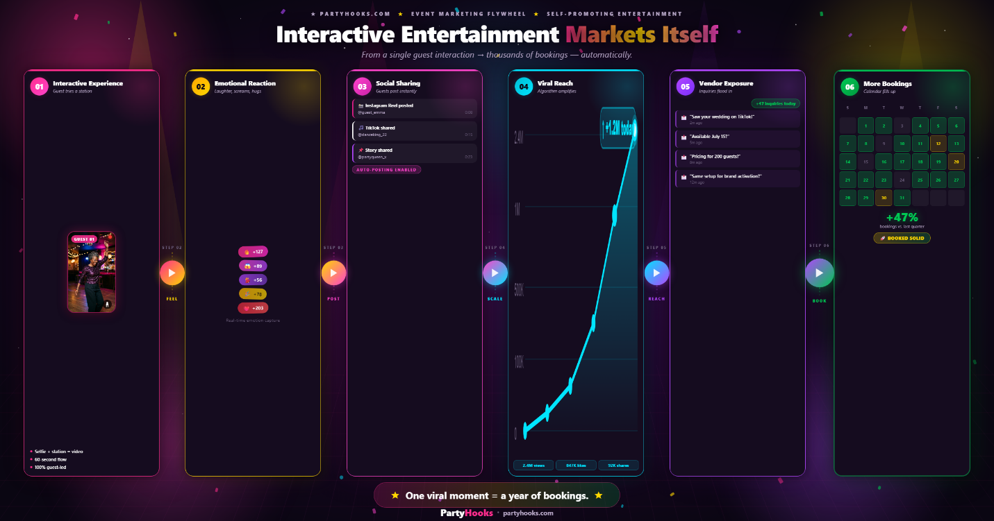 Flowchart titled 'Interactive Entertainment Markets Itself' showing the pipeline from interactive reaction through emotional sharing, viral sharing, viral reach, vendor bookings, and more bookings.