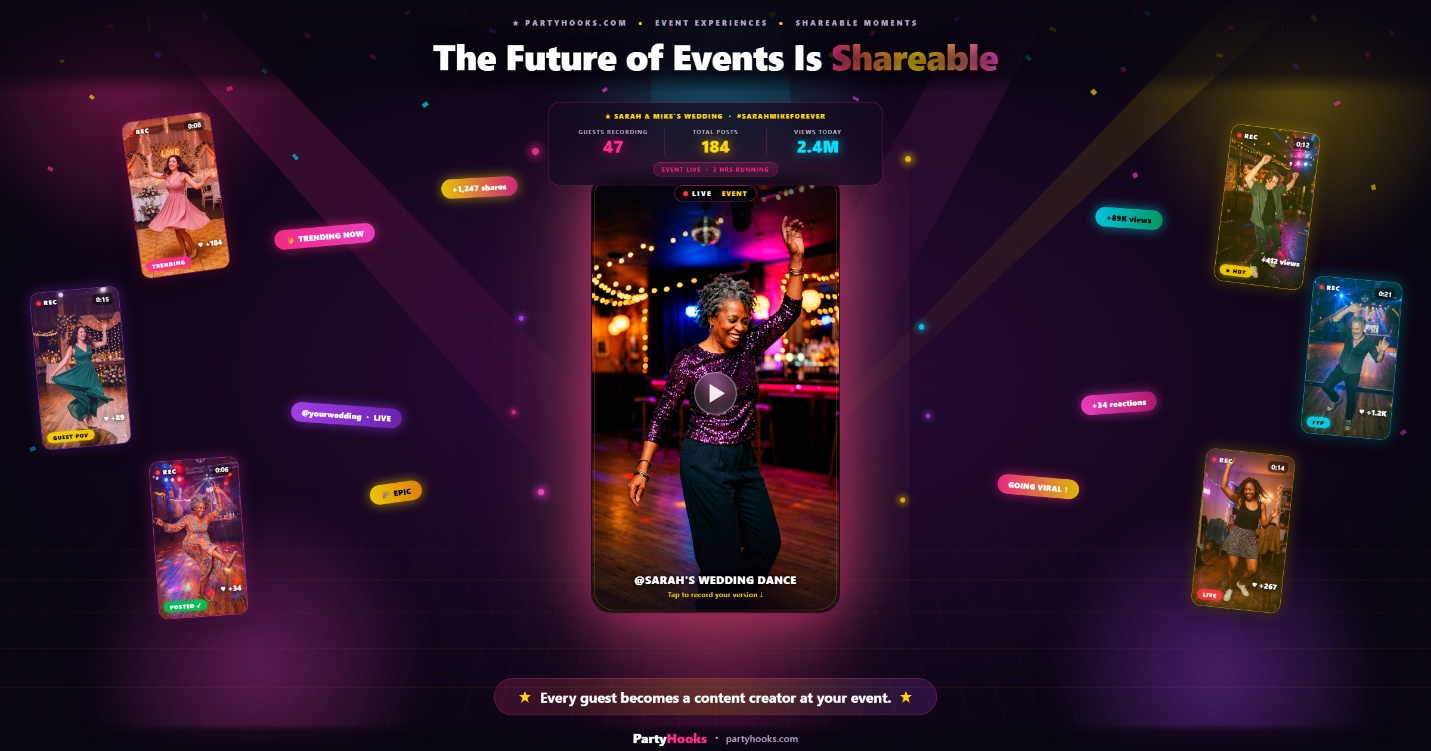 PartyHooks 'The Future of Events Is Shareable' screen showing 47 guests recording at Sarah and Mike's wedding, with 184 total posts and 2.4M views displayed alongside multiple guest dance videos going viral in real time.